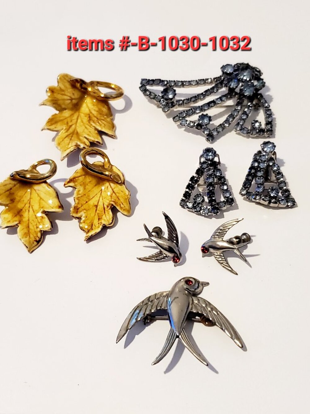 3 Brooches with matching Earrings, items # B- 1030-1032,. wt 43 grams.